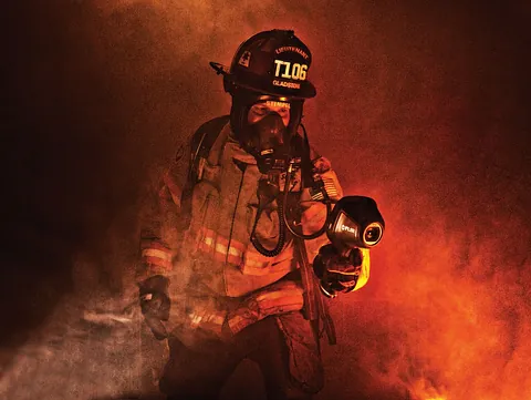 Brannmann som bruker varmesøkende kamera